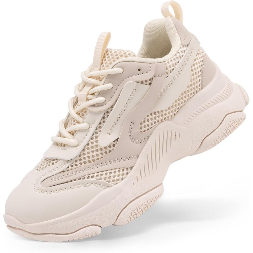 ⚡Kids Girls Beige Sneakers Jelly Sole Lace up Shoes Lightweight Walking Shoes - Picture 1 of 5